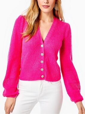 Lilly Pulitzer Laelynn hot pink puff sleeve cardigan, size L